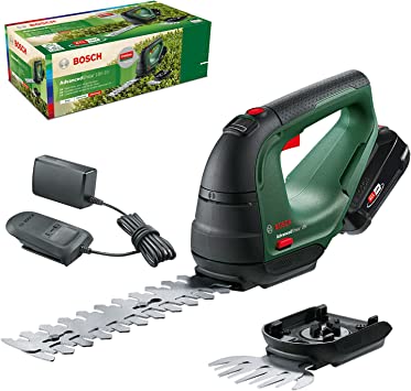 Bosch Home and Garden 0600857070 Bosch Cordless AdvancedShear 18V-10 (1 2.0 Ah, 18 Volt System, cuts up to 85 m² per Battery Charge, with Shrub and Grass Shear Blades, in Carton Packaging)