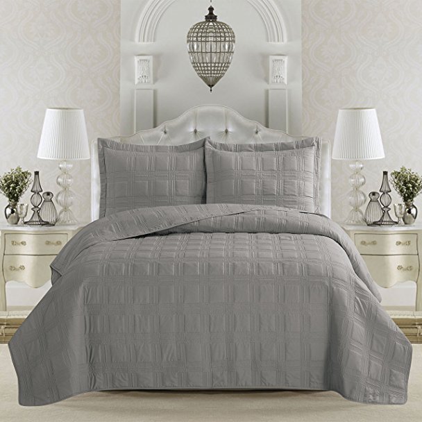 Terra Collection 3-Piece Luxury Quilt Set with Shams. Soft All-Season Microfiber Bedspread & Coverlet in Solid Colors with Embroidered Box Design. By Home Fashion Designs Brand. (King, Glacier Grey)