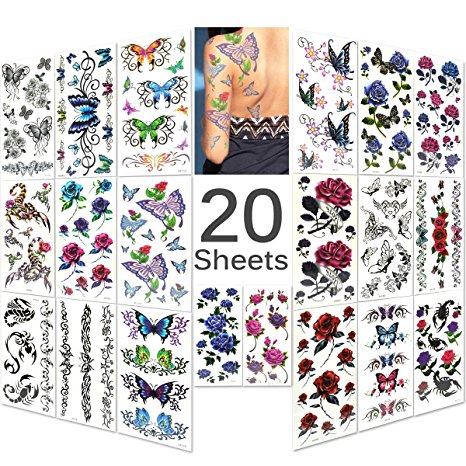 Lady Up 20 Sheets Mixed Style Body Art Temporary Tattoos Paper, Flowers, Roses, Butterflies and Multi-Colored Waterproof Tattoo for Women, Girls or Kids, 90×190mm