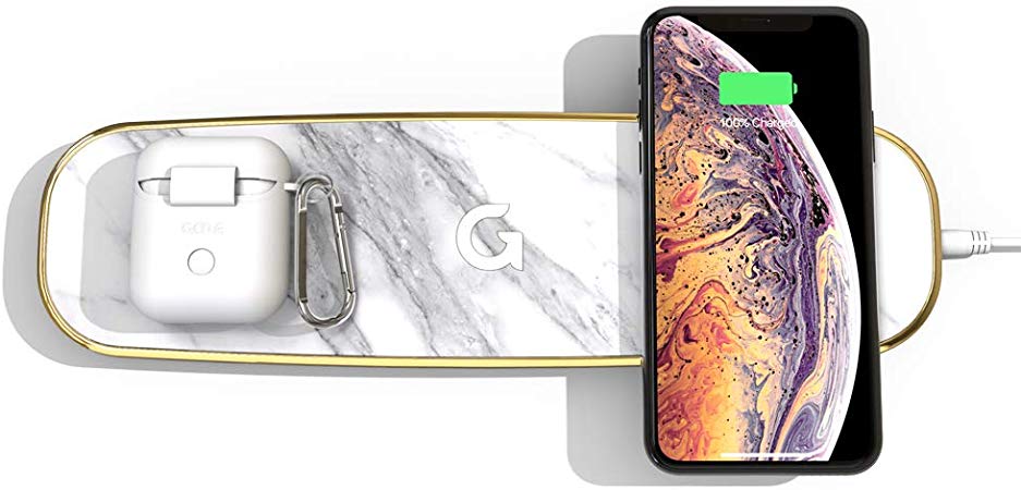 GAZE Triple Pad Fast Wireless Charging Marble pad w/Additional Dual Cable Charging Support, GAZEON Qi Certified 10W Wireless Charger Station Compatible for iPhone 8 or Newer AirPods Galaxy S10/Buds