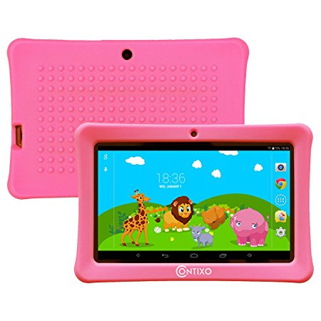 VALENTINES SALE! Contixo Kids Safe 7" HD Quad-Core Tablet W/ KIDOZ 8GB Bluetooth WiFi, Free Games, Kids-Place Parental Control, Kid-Proof Case (Pink) - Best Gift