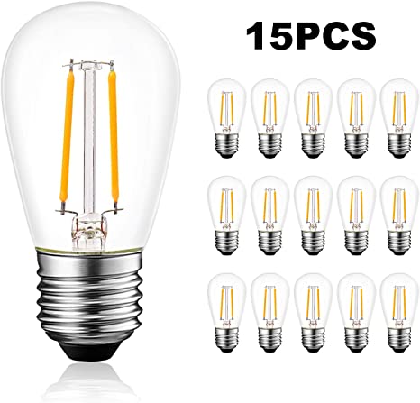 Hykolity 15 Pack S14 LED Bulb, Replacement Glass Bulb for Outdoor String Lights, Dimmable, 2W=11W, 2700K Soft White, 200LM, E26 Medium Base, UL Listed