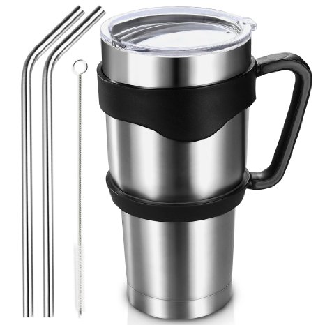 Homitt 30 oz Travel Insulated Mug Tumbler, Double Wall Vacuum Stainless Steel Cup with Lid, Handle, 2 Curved Straws, Cleaning Brush, (24 Hours Ice Retention)