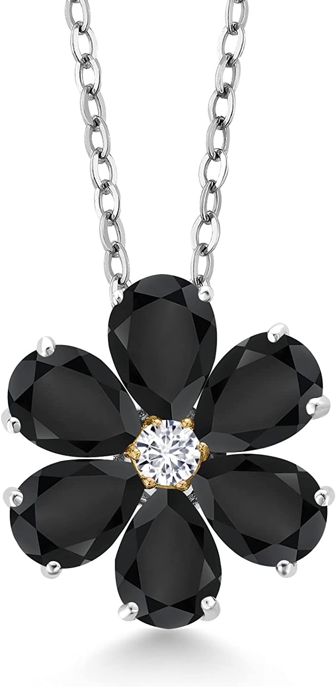 Gem Stone King 925 Silver and 10K Yellow Gold Black Onyx and White Lab Grown Diamond Pendant Necklace For Women (2.35 Cttw, Gemstone Birthstone, with 18 Inch Chain), Metal Gemstone, Onyx lab-grown-diamond