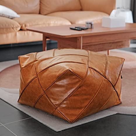 OLizee 20.47" x 14.96" Unstuffed Faux PU Leather Moroccan Pouf Cover Storage Ottoman Pouf Cover Square Floor Cushion Cover Footstool Pouf Cover for Living Room Light Brown