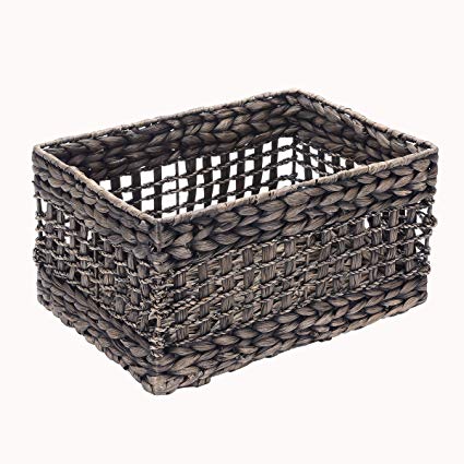 Villacera Rectangle Hand Weaved Wicker Baskets Made of Water Hyacinth | Nesting Black Seagrass Bins | Set of 2