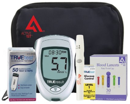 Diabetes Testing Kit TrueResult Meter  50 TrueTest Strips  50 Active1st 30g Lancets  Lancing Device  Control Solution