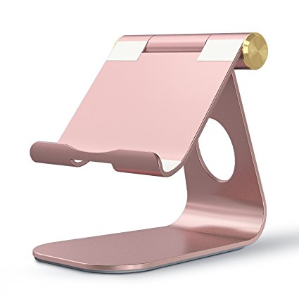 OMOTON Tablet Stand, Adjustable Multi-Angle Aluminum iPad Stand, with Stable Sticky Base and Convenient Charging Port, Fits All Smart Phones, E-readers and Tablets (Up to 12.9 inch), Rose Gold