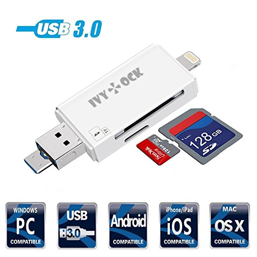 USB 3.0 SD / Micro SD Card Reader with Lightning & Micro USB connector, IVYOCK Memory Card Adapter 128GB Max for iPhone/iPad/Android phones/Mac/PC, Trail Camera Viewer for Serious Hunter