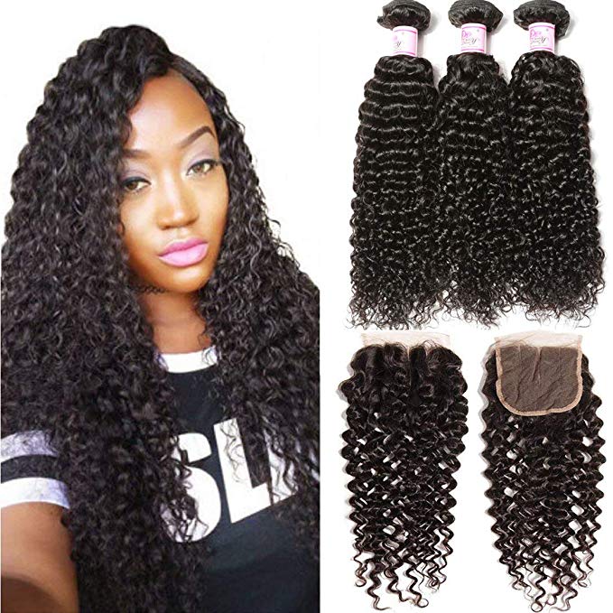 Beauty Forever Hair Brazilian Curly Virgin Hair 3 Bundles Weave with 3 Part Lace Closure for Women Natural Color Unprocessed Human Hair Extensions 10 12 14  10closure)