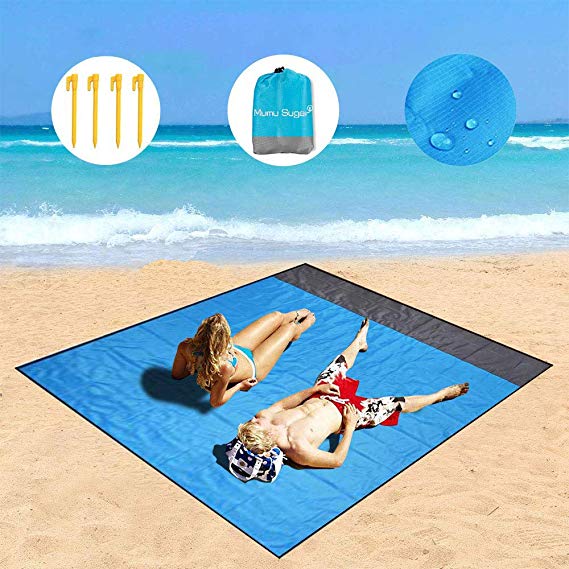 Mumu Sugar Sand Free Beach Mat Oversized 6.6x6.9ft Sand Proof Outdoor Beach Blanket for Travel, Camping, Hiking and Music Festivals-Quick Drying Heat Resistant Nylon