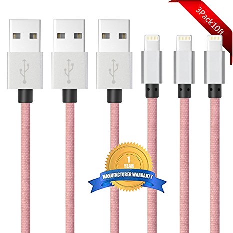 BULESK iPhone Cable 3Pack 10FT Nylon Braided Certified Lightning to USB iPhone Charger Cord for iPhone 7 Plus 6S 6 SE 5S 5C 5, iPad 2 3 4 Mini Air Pro, iPod - Pink
