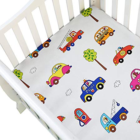 Brandream Boys Toddler Crib Sheet Cotton Fitted Sheet Baby Crib Mattress Sheets Colorful Cars Vehicles Printed, White