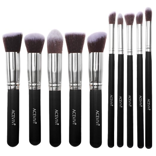 ACEVIVI Professional 10pcs Premium Synthetic Kabuki Makeup Brush Set Foundation Blending Cosmetic Brushes Essential Kit Black   Silver