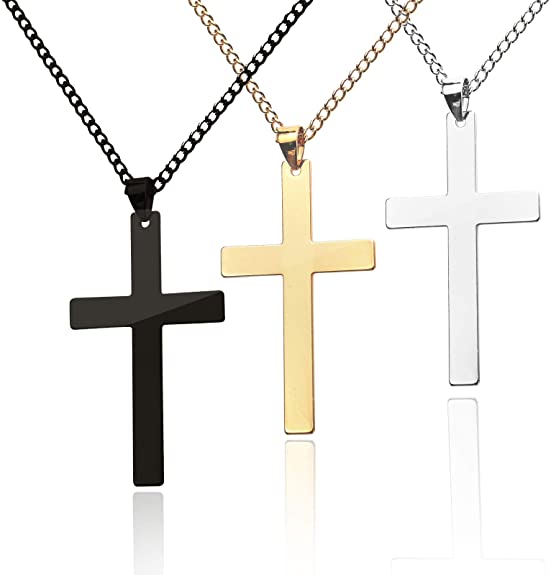 Cross Necklace, 3PACK Stainless Steel Cross Pendant Necklace Adjustable Unisex Cross Charm Mirror Polished Cross Chain Necklace Plain Birthday Valentine Gift for Man & Woman – Silver Black Gold