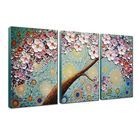 Hand-painted Oil Painting, V-inspire Blooming life Abstract 3D Hand-Painted Modern Home Decoration Abstract Artwork Art 3 Panels Wood Inside Framed Hanging 16x24Inchx3