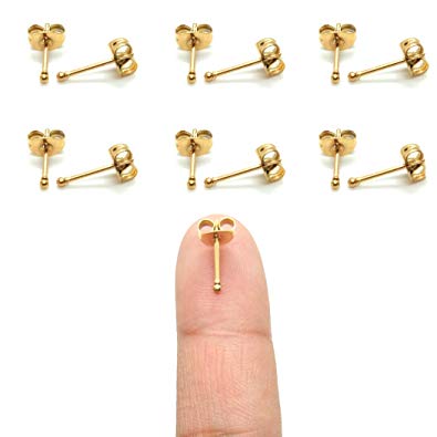 6 Pairs 14K Gold Plated 316L Surgical Steel Cartilage Piercing Tiny Stud Earrings 20G, Style Ball - Pearl - Cubic Zirconia - Disc, Color Gold - Silver - Rose Gold - Black, Diameter 1mm to 3mm
