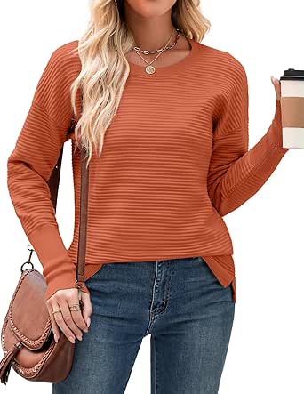 Zeagoo Women's 2024 Fall Sweaters Casual Long Sleeve Crew Neck Ribbed Knit Side Slit Pullover Sweater