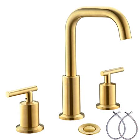 2 Handles 8 Inch Widespread BathroomFaucets, Brushed Gold Bathroom Sink Faucet with Valve And Metal Pop-Up Drain By Phiestina，WF003-1-BG