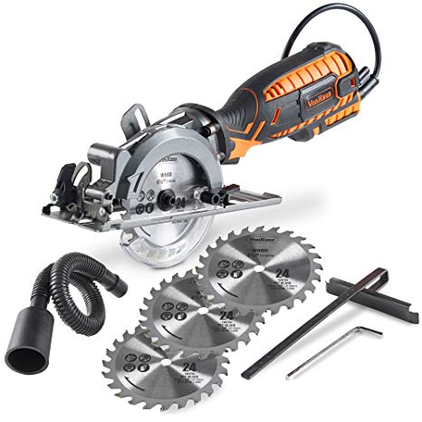 VonHaus 5.8 Amp Corded Ultra-Compact Circular Saw - 3,500 RPM with Adjustable Miter Function 0°-45°, Dust Port, Vacuum Hose and 4x Saw Blades for Wood Cutting