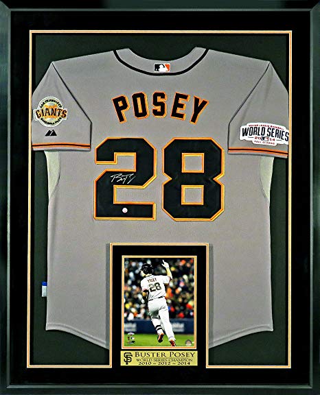 Buster Posey Autographed Gray Jersey w/ 2014 WS Patch w/ Inset WS HR 8x10 Photo and Champion Plate (COA)
