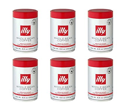 illy Caffe Normale Whole Bean Coffee, Medium Roast, Red Top, 8.8 coffee cans (Pack of 6) Package may vary