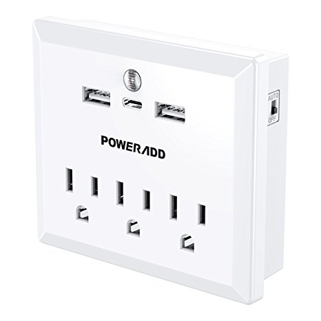 Poweradd Wall Outlet Surge Protector with 3 AC Outlet, 2 USB Charging Ports, a Type-C port, and a Warm White LED Dusk-To-Dawn Night light, White