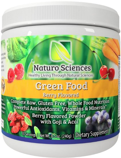 Naturo Sciences Natural Greens - Complete Raw Whole Green Food Nutrition with Super Powerful Antioxidants, Vitamins, Minerals with Goji and Acai - Amazing Berry Flavor 8.5oz (240g) 30 Servings