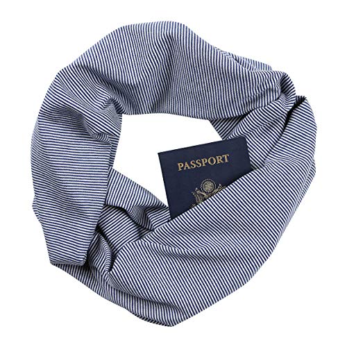 Navy and White Striped Infinity Scarf with Zippered Secret Pocket