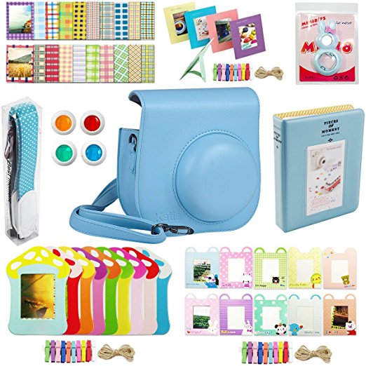 Katia Instant Camera Accessories Bundles Set for Fujifilm Instax Mini 8/8  with Camera Case Blue/ Photo Albums/ Selfie Len/ Wall Hang Frame/ Border Stickers/ Filters/ Camera Strap (Blue)