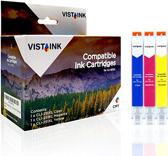 Vista Ink Compatible Canon 251XL Ink Cartridges Canon CLI-251XL High Yield Replacement Color Cartridges for Canon Printers - Cyan, Magenta, Yellow C/M/Y - 3/Pack