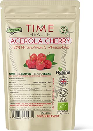 Organic Acerola Cherry - Freeze-Dried - 26% Vitamin C - 44:1 Extract Ratio - Natural & Wholefood - UK Made - Zero Additives (120 Capsules)