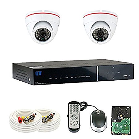 GW Security 4 Channel DVR Outdoor / Indoor Security Camera System with (2) x 1200TVL Wide Angle 3.6mm Lens Dome Cameras