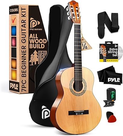 Pyle Beginner Acoustic Guitar Kit, 1/4 Junior Size All Wood Instrument for Kids, Adults, 30" Natural Gloss