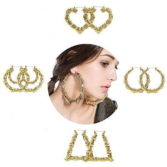 Shoopic Bamboo Earrings Gold Tone Statement Hip-Hop Hoop Earrings for Women