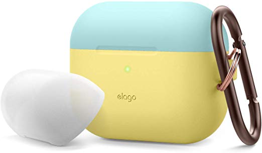 elago AirPods Pro Duo Hang Case - Compatible with Apple AirPods Pro Case with Keychain, Protective Silicone Cover, Cute Case, 1 Body   2 Caps (Top - Coral Blue, Nightglow Blue/Bottom - Yellow)