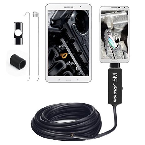 Inspection Camera, RISEPRO®Waterproof USB Endoscope OTG Mobile 5.5mm Snake Scope 6 LED Borescope with 5m Tube for PC and Smart Phone Use OT-77AC-5M