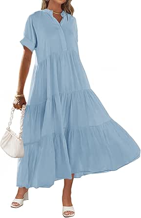 MEROKEETY Women Short Sleeve Summer Dress Button Down V Neck Ruffle Tiered Maxi Dresses