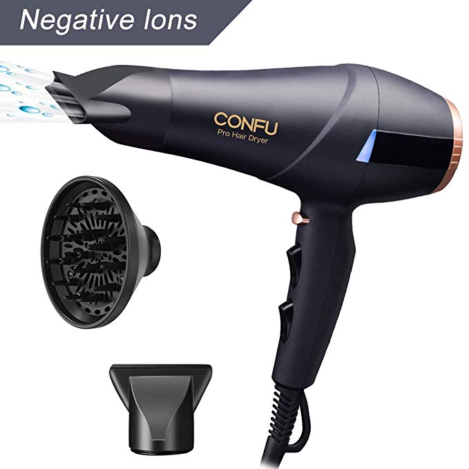 Professional 2300W Hair Dryer With Diffuser Concentrator Set, Ionic Powerful Salon Hairdryer AC Motor, CONFU Quiet Fast Blow Dryer With Heat Speed Cool Air, LED Indicator Long Cable Nozzle