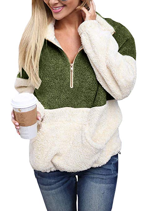 YSkkt Plus Size Sherpa Pullover Womens Sweatshirt Half Zip Fuzzy Fleece Jacket Winter Coat Outwear with Pockets