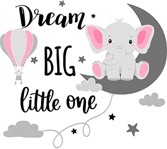 Dream Big Little One Elephant Wall Decals Baby Elephant Wall Stickers Cloud Moon and Star Decal Self Adhesive Wall Decor for Baby Kids Boy Girl Bedroom Nursery Cradle (Pink, Gray)