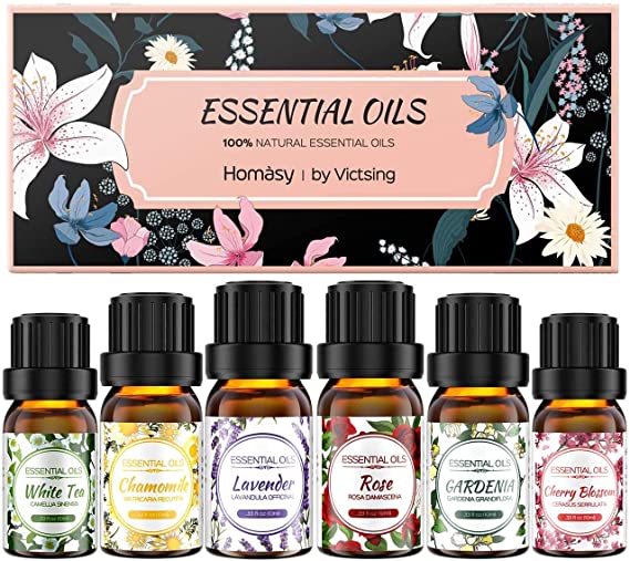 Homasy Floral Essential Oils Set 6 * 10ml, Floral Collection Gift Set, Pure Essential Oils-Lavender, Rose, White Tea, Cherry Blossom, Chamomile, Gardenia for Diffuser, Humidifier, Massage, Skin Care