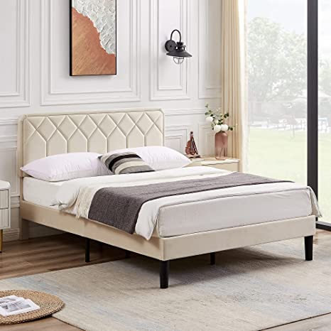 VECELO Full Size Bed Frame Premium Leather Upholstered Platform with Height Adjustable Headboard/Mattress Foundation, Solid Wooden Slat Support, No Box Spring Needed/Easy Assembly