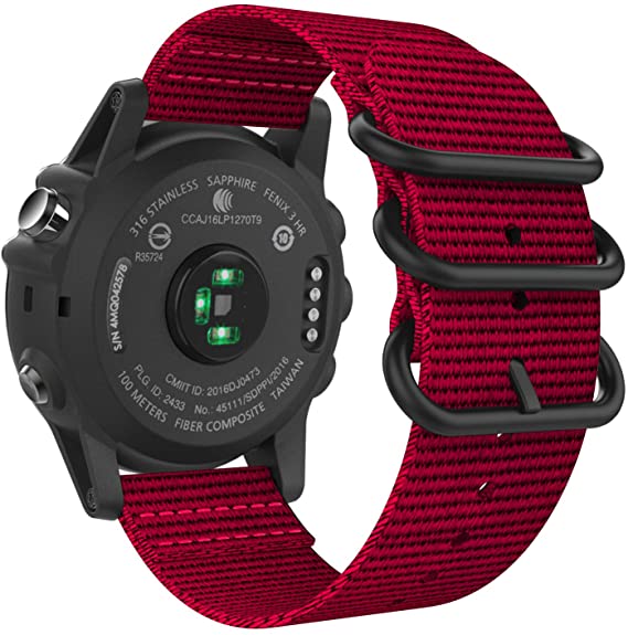 MoKo Band Compatible with Garmin Fenix 6X/Fenix 6X Pro/Fenix 3/Fenix 3 HR/Fenix 5X/5X Plus/D2 Delta PX/Descent mk1, Fine Woven Nylon Adjustable Replacement Strap with Double Buckle Ring - Red