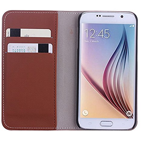 WOFALA Samsung Galaxy S6 Case,Multi function card slot/Pocket Money Slot with PU Leather Wallet Flip Cover Case for Samsung Galaxy S6-Brown