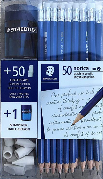 Staedtler Norica #2 HB Woodcased Pencils Blue 50 Pencils 50 Arrow Tip Erasers and 1 Elite Sharpener