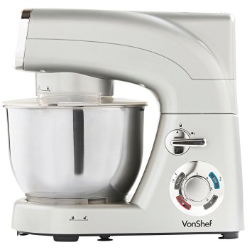 VonShef Stand Mixer, 5.5 Litre, Powerful, Silver, Free 2 Year Warranty - Silicone Beater, Balloon Whisk, Dough Hook, Dust Cover & Splash Guard
