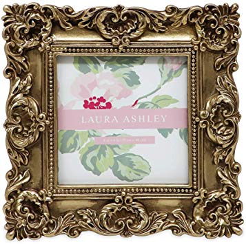 Laura Ashley 4x4 Gold Ornate Textured Hand-Crafted Resin Picture Frame with Easel & Hook for Tabletop & Wall Display, Decorative Floral Design Home Decor, Photo Gallery, Art, More (4x4, Gold)