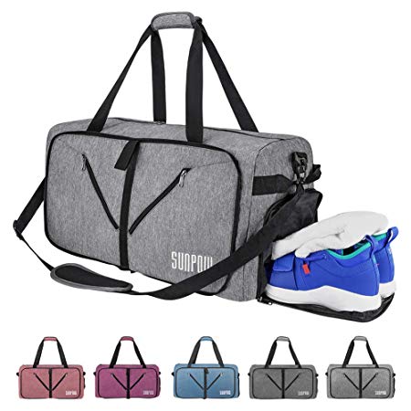 SUNPOW 65L Packable Travel Duffle Bag, Foldable Sport Gym Bag with Shoe Compartment, Lightweight Luggage Duffel Bags