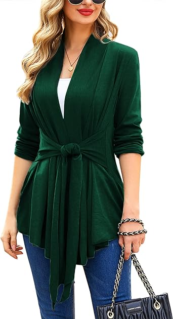 ACEVOG Lightweight Draped Cardigan for Women Open Front &Sash Tie 2 Ways Sweater Long Sleeve Wrap Duster